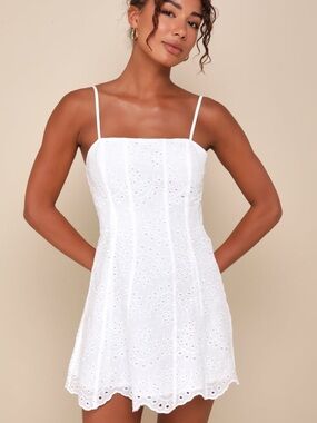NWT Lulus Summer Cutie White Eyelet Embroidered Sleeveless Mini Dress